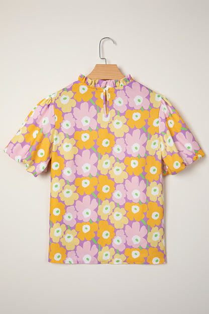 Purple Frilled Neck Puff Short Sleeve Flower Top