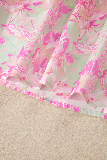 Pink Ribbon Knot Front Floral Short Puff Sleeve Blouse