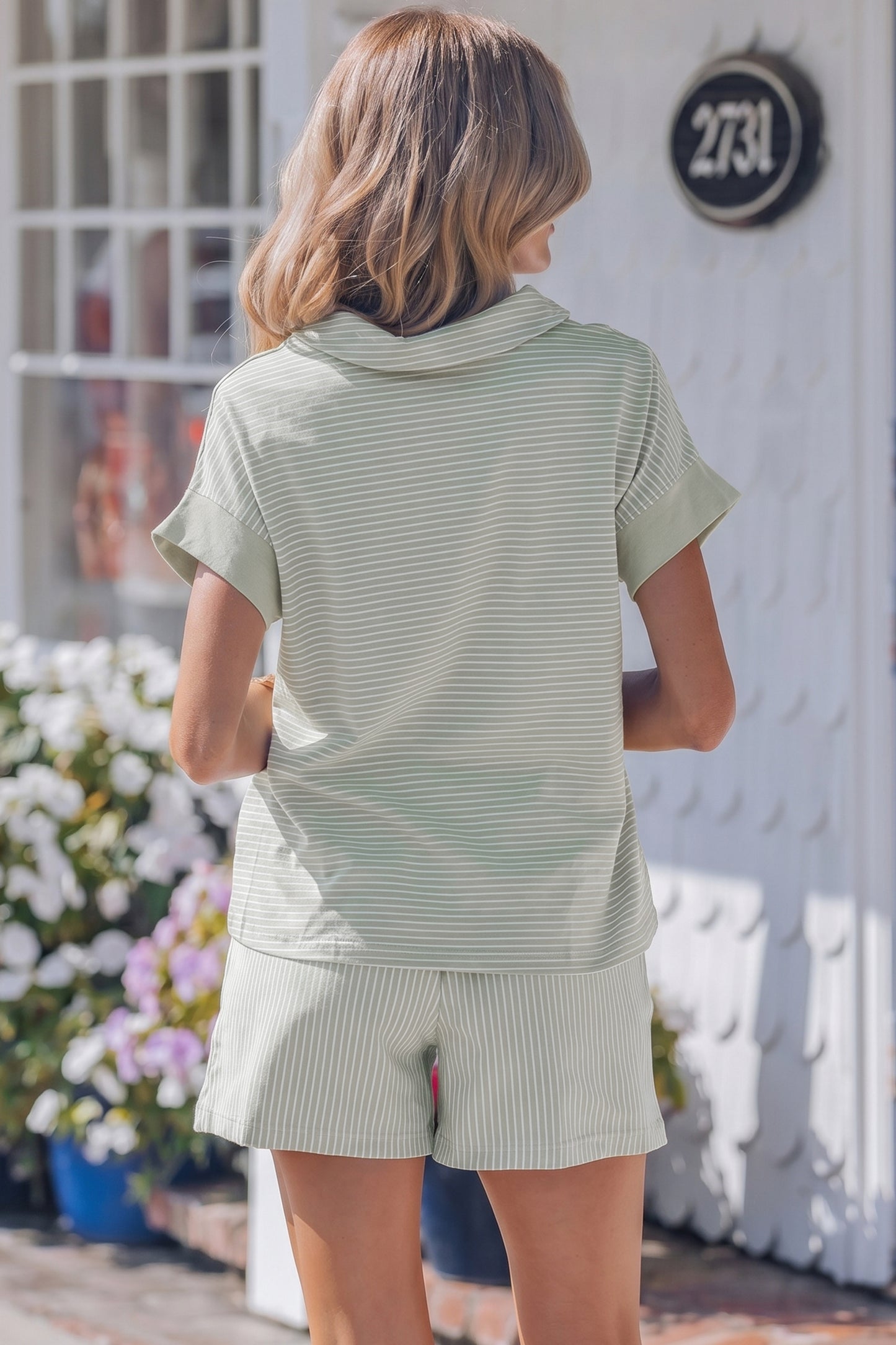 Stripe Dolman Sleeve Polo Shirt and Drawstring Shorts Set
