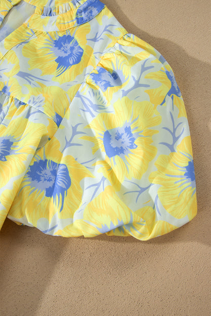 Short Bubble Sleeve Summer Floral Blouse