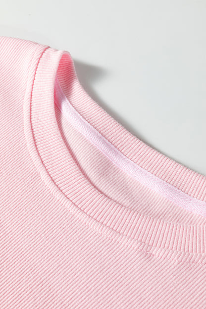 Pink 3d Ribbed XOXO Heart Embroidered Drop Shoulder Sweatshirt