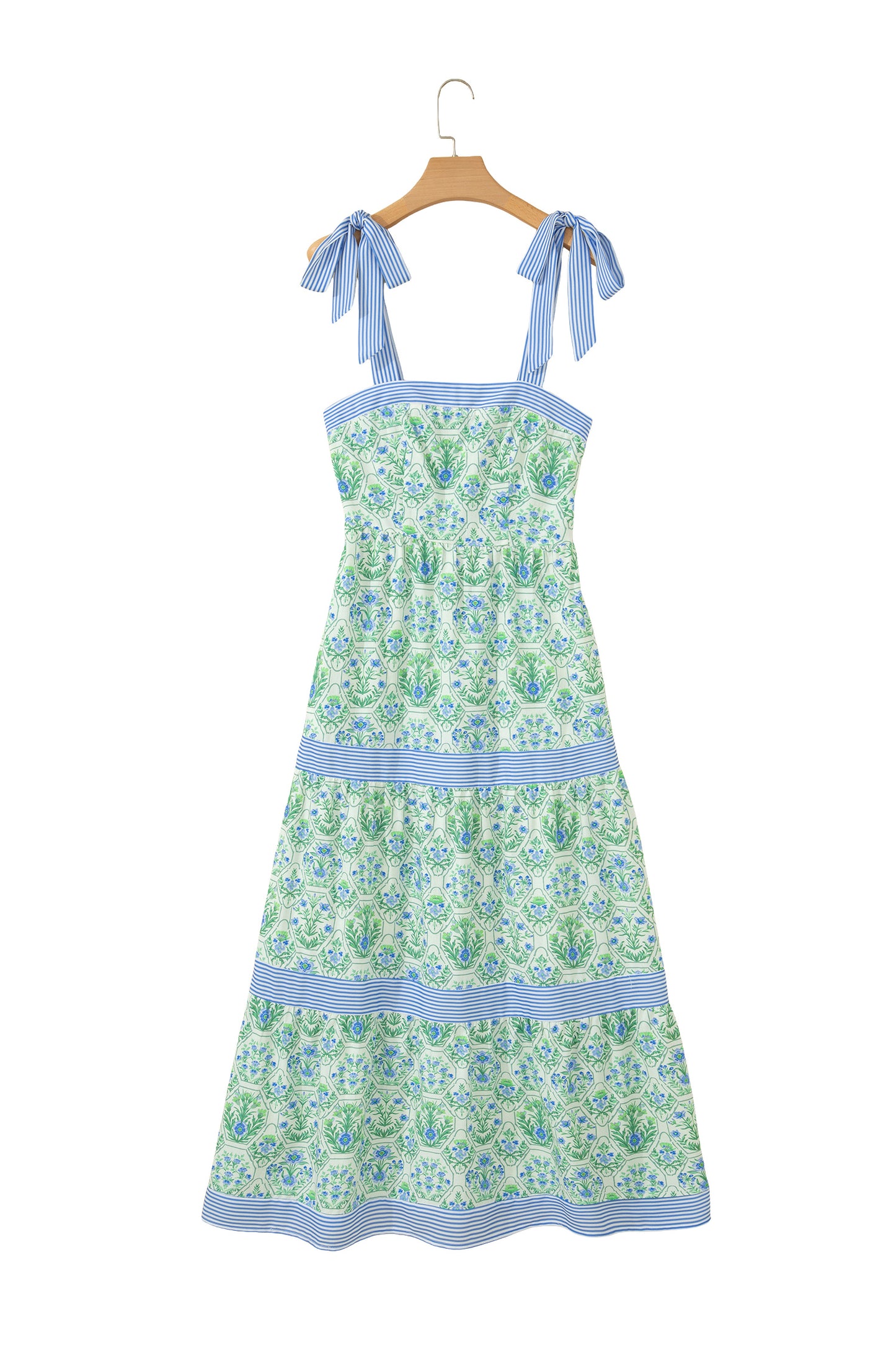 Geometric Floral Print Striped Patchwork Detail Sleeveless Dress
