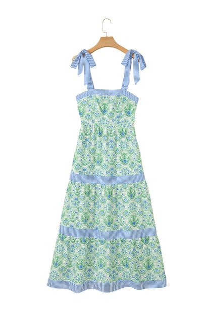 Geometric Floral Print Striped Patchwork Detail Sleeveless Dress