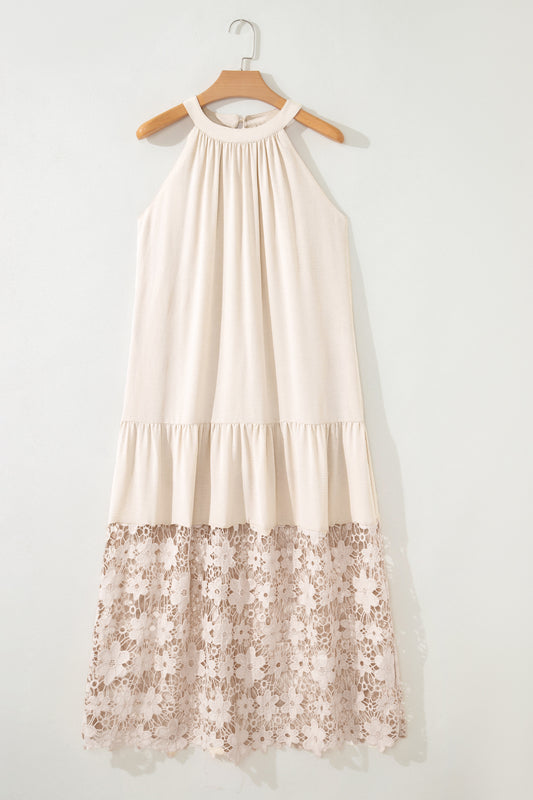 Beige Sheer Hollowed Floral Lace Hem Patchwork Loose Halter Summer Dress
