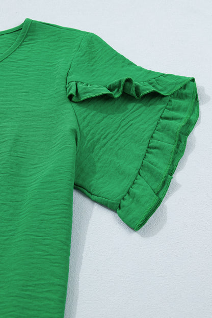 Solid Color Ruffle Trim Short Sleeve Blouse