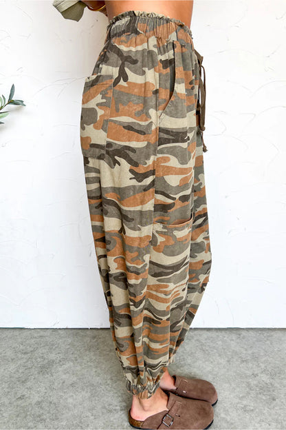 Green Camouflage Printed Drawstring Elastic Waist Jogger Pants