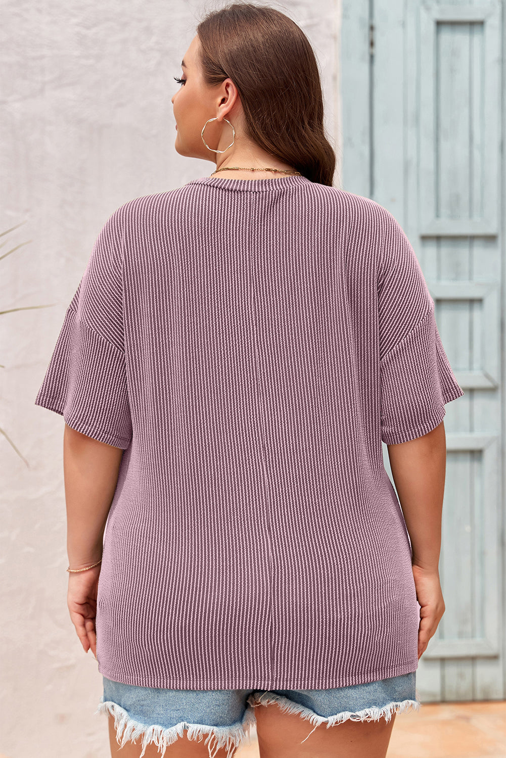 Textured V-Neck Dropped Shoulder Plus T-Shirt