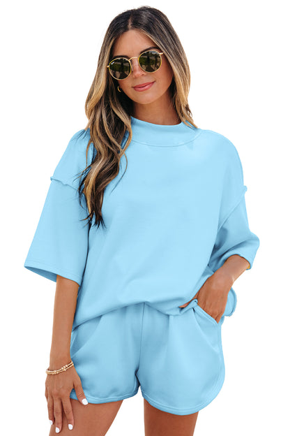 Solid Color Exposed Seam Mock Neck Oversize Tee Casual Shorts 2pcs Outfit