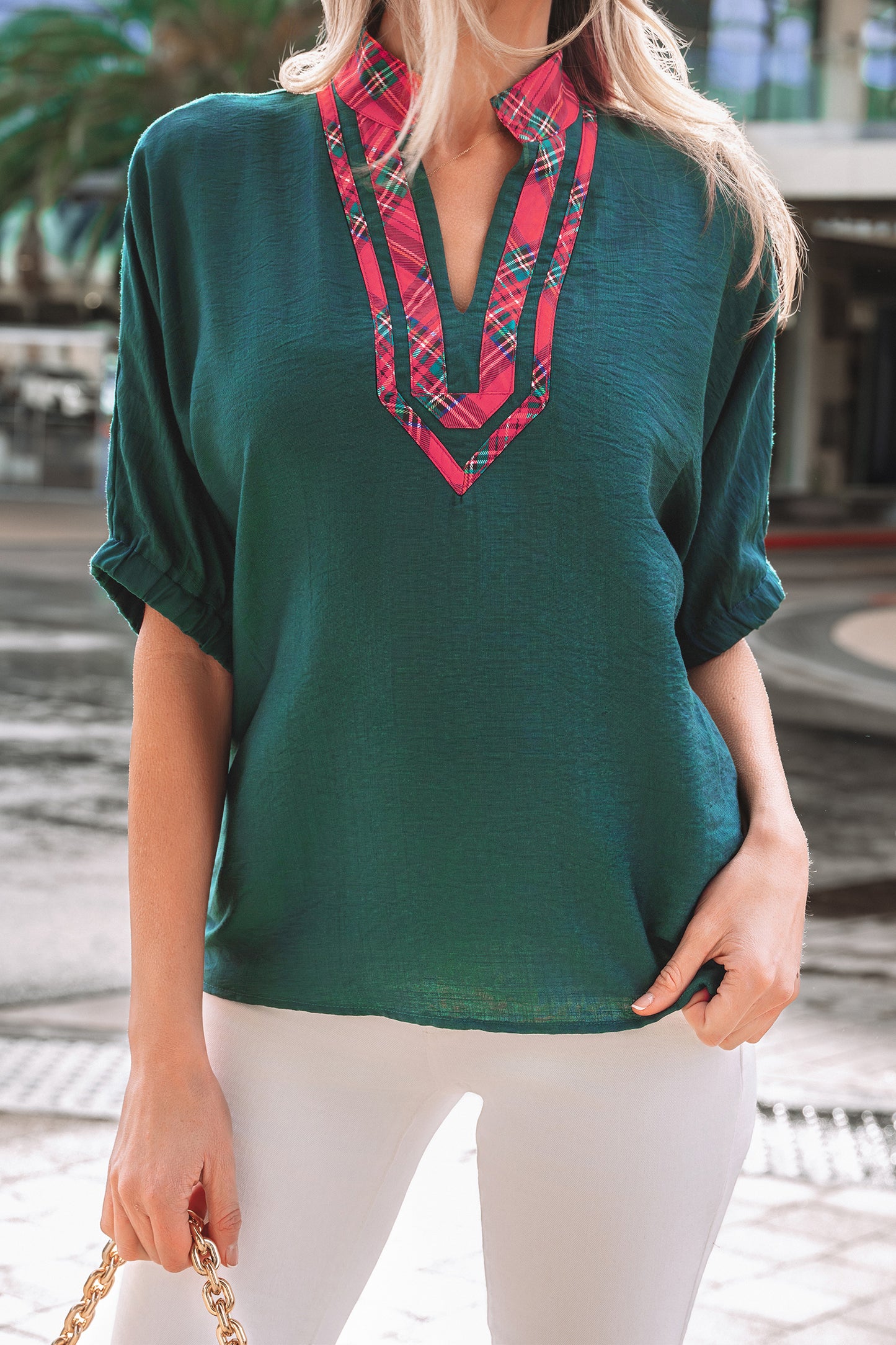 Evergreen Contrast Plaid Patchwork V Neck Half Sleeve Blouse