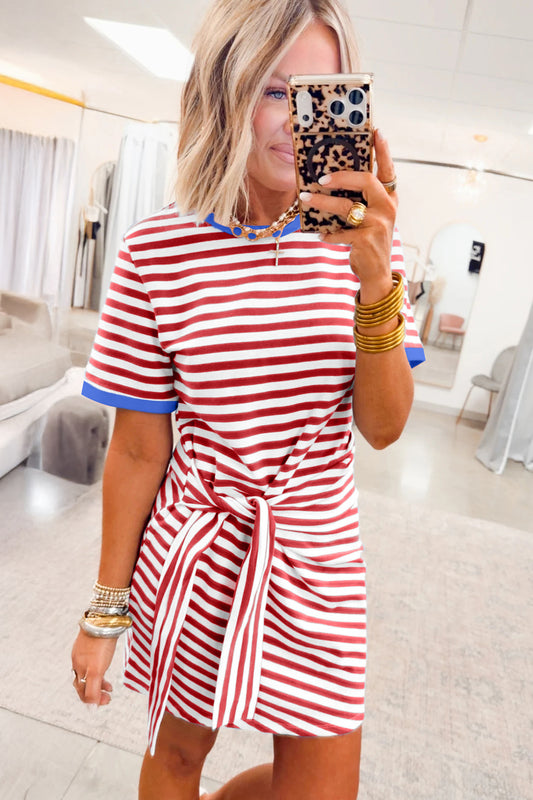Stripe Nautical Tie Contrast Trim Round Neck T Shirt Mini Dress