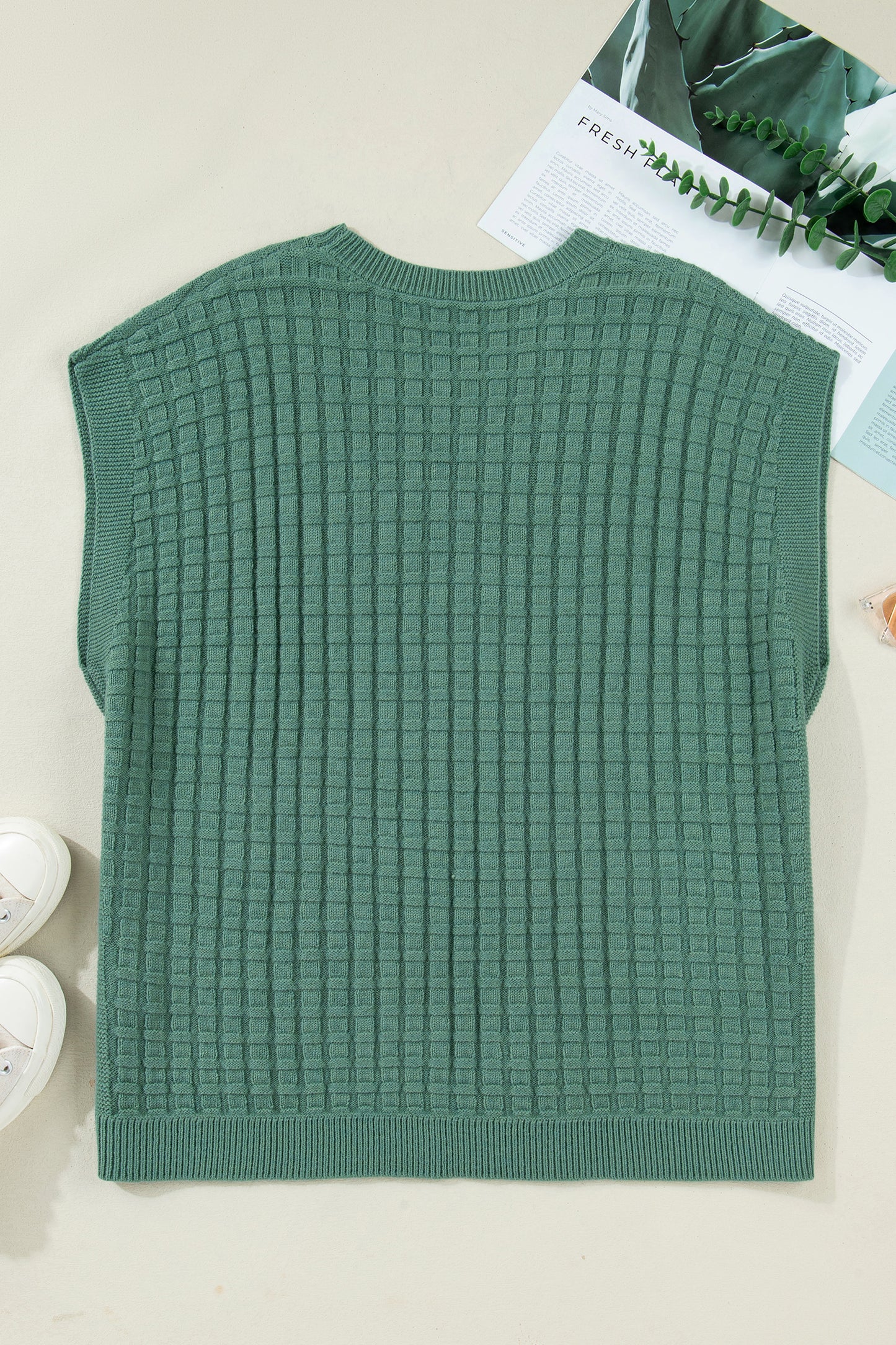 Mist Green Plus Size Solid Color Textured Knit Short Sleeve Sweater