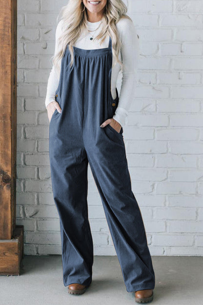 Button Adjustable Straps Solid Color Corduroy Jumpsuit