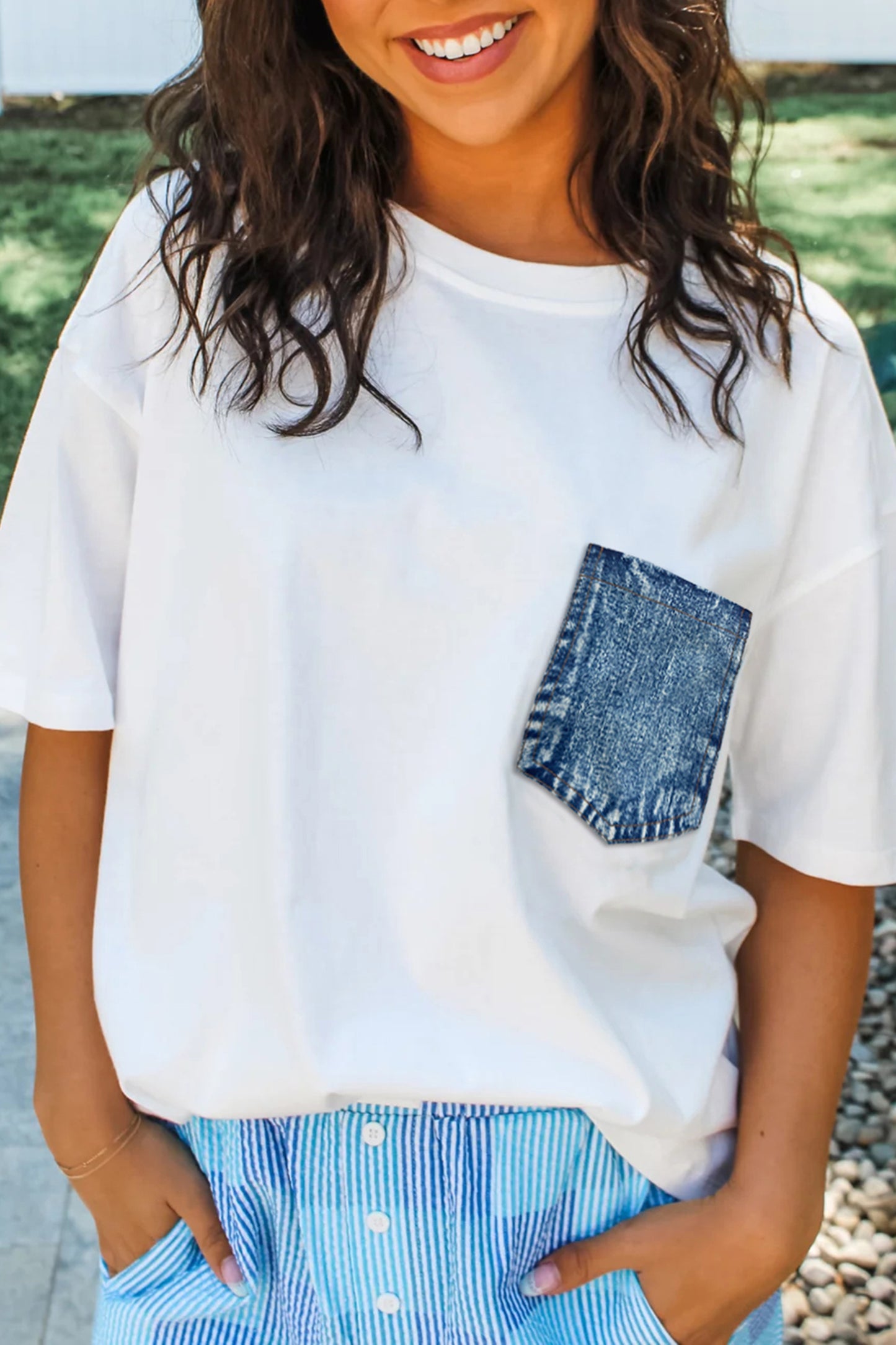 Color Block Chest Pocket Patched Casual Short Sleeve Top