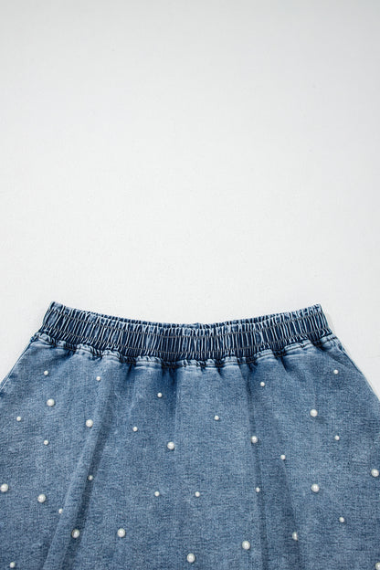 Ashleigh Blue Denim Pearl Embellished Elastic Waist Mini Skort