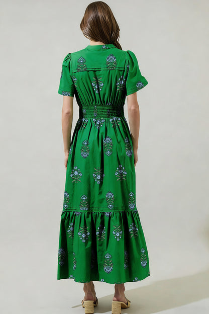 Floral Print Split Neck Shirred High Waist Ruffle Hem Maxi Dress