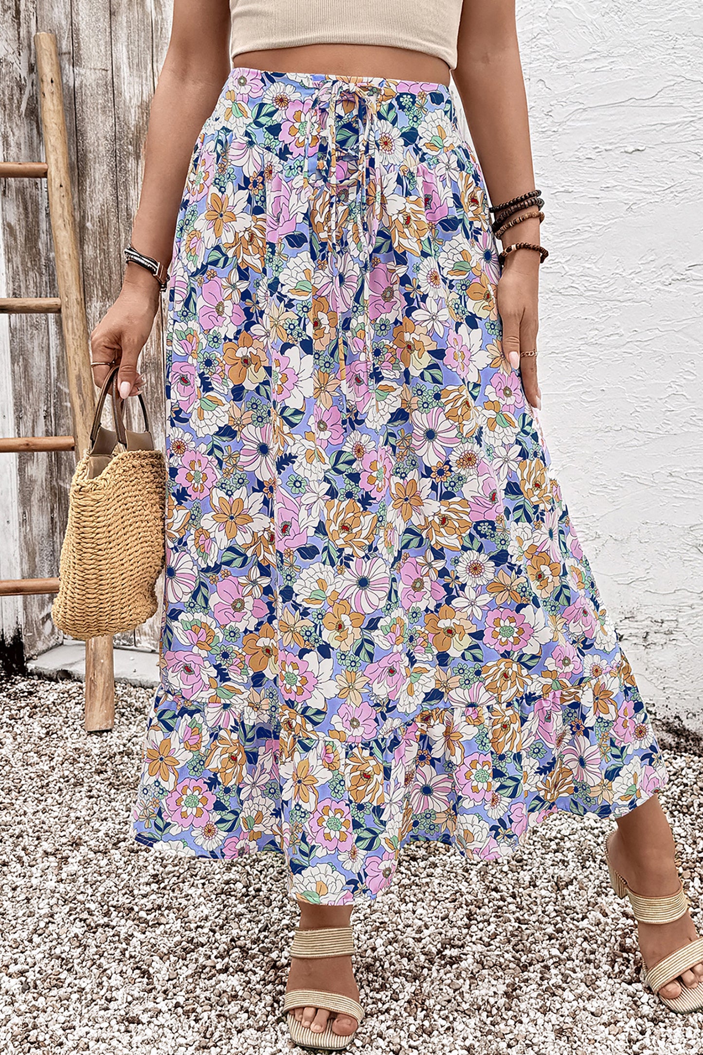 Pink Floral Print Lace-up High Waist Ruffle Hem Maxi Skirt