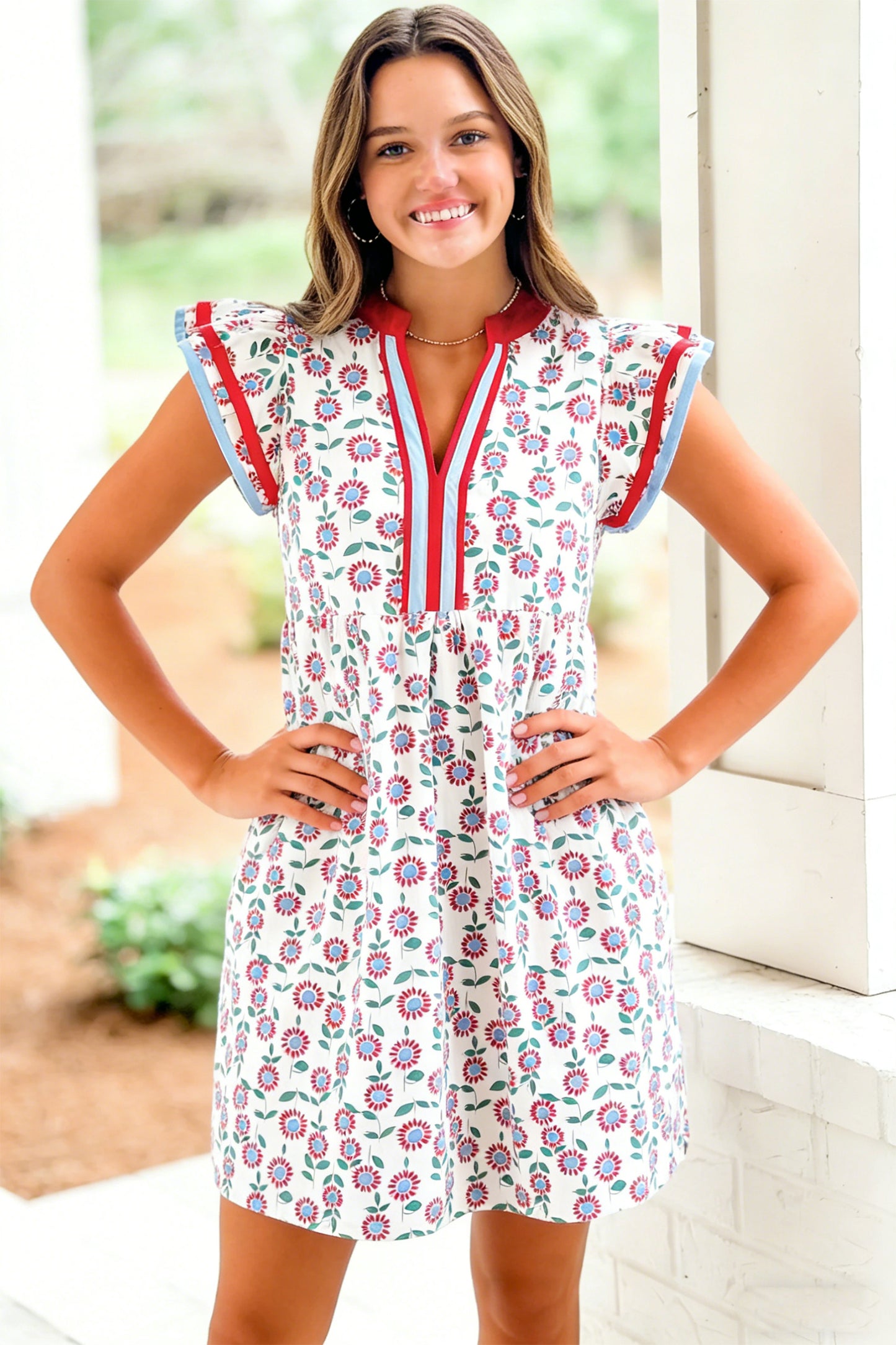 Floral Print Contrast Trim Flutter Sleeve Mini Dress