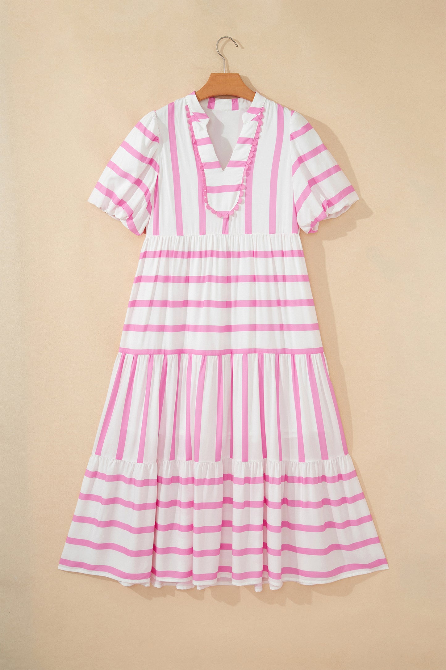 Stripe Ricrac Trim Notched Neck Half Sleeve Vacation Dress