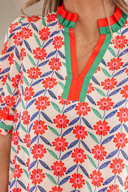 Red Floral Print Striped Detail V Neck Ruffled Short Sleeve Blouse