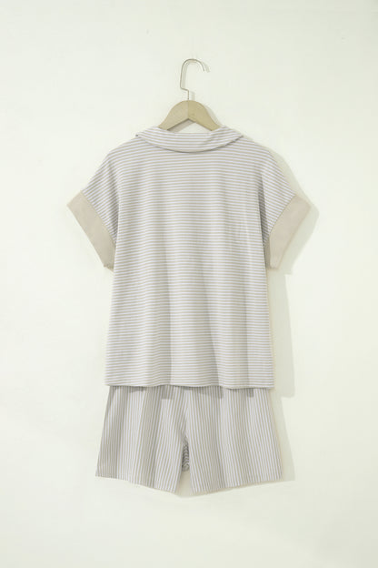 Stripe Dolman Sleeve Polo Shirt and Drawstring Shorts Set