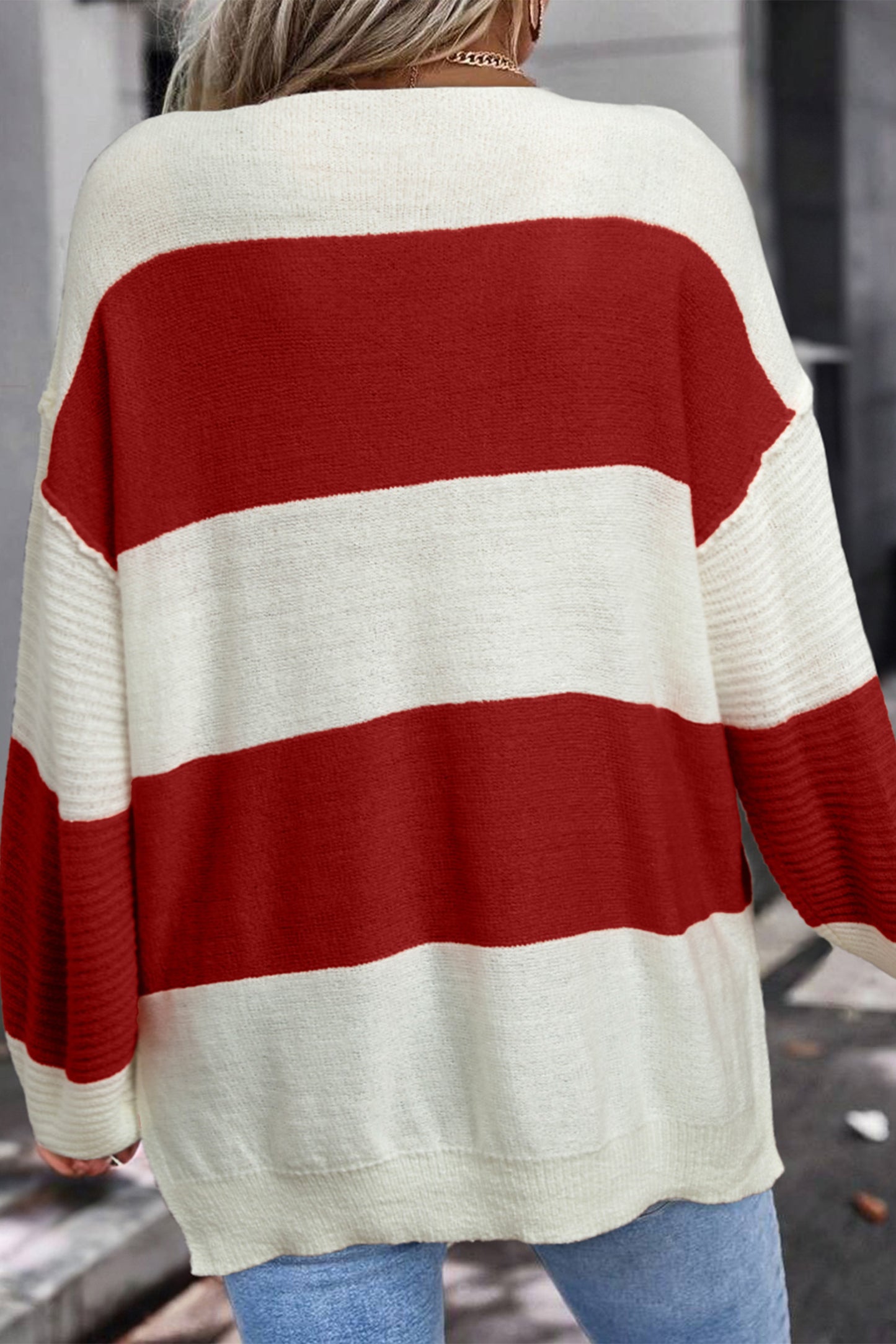 Green Stripe Loose Color Block Drop Shoulder Bubble Sleeve Sweater