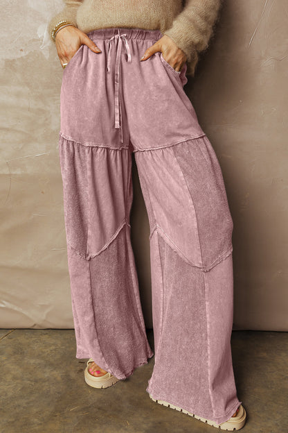 Wild Ginger Careys Mineral Wash Tiered Wide Leg Patchwork Drawstring Pants