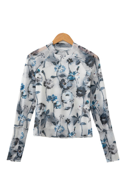 Sky Blue Floral Mesh High Neck Long Sleeve Sheath Top