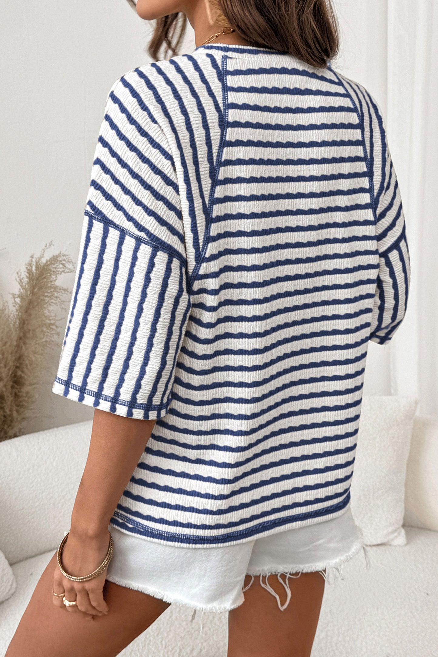 Stripe Textured Knit Split Hem Half Sleeve Loose Top