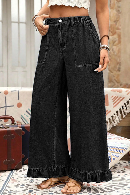 Black Plus Size Elastic Waist Ruffled Wide Leg Denim Pants