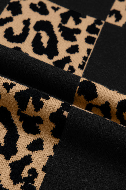 Black Leopard Checkerboard Short Sleeve Knit Sweater