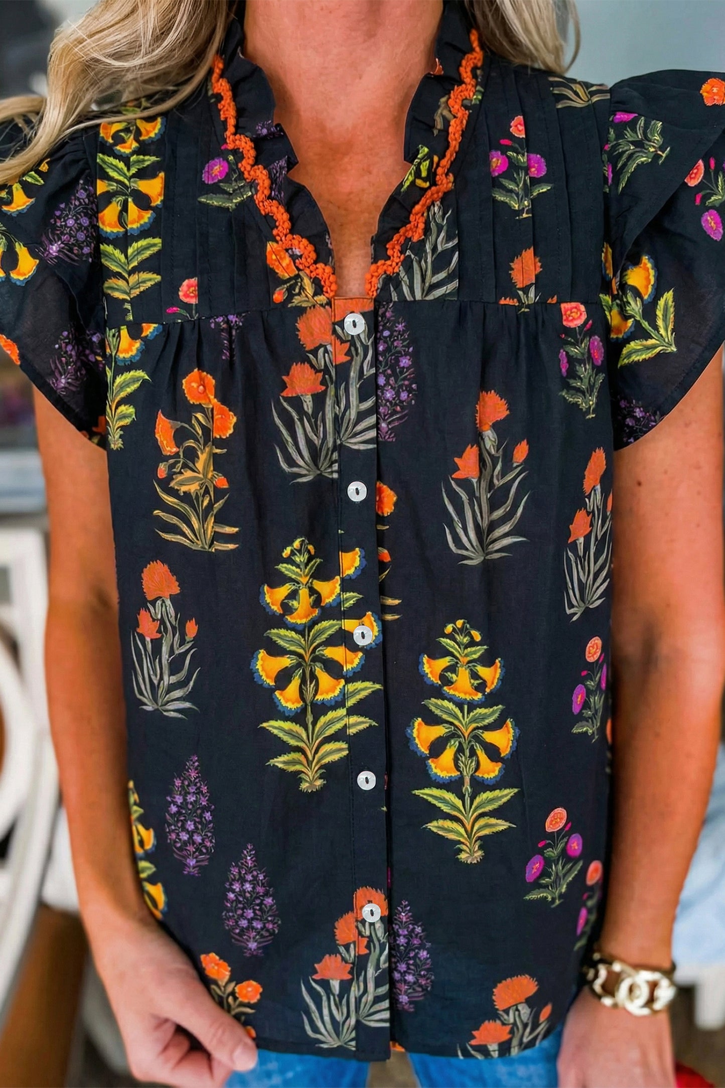 Black Floral Print Lace Trim Frilled V Neck Short Sleeve Shirt