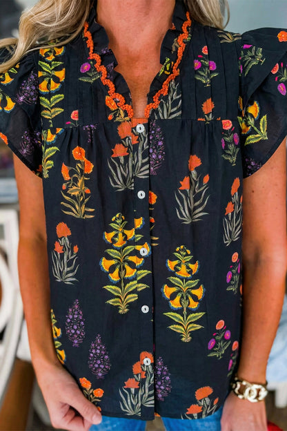 Black Floral Print Lace Trim Frilled V Neck Short Sleeve Shirt