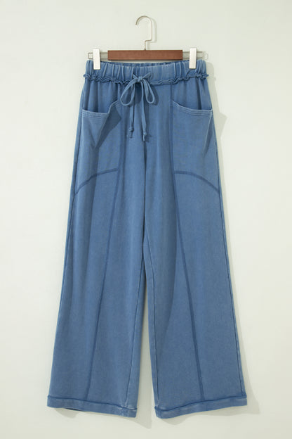 Mineral Wash Drawstring Retro High Waist Wide Leg Western Pants