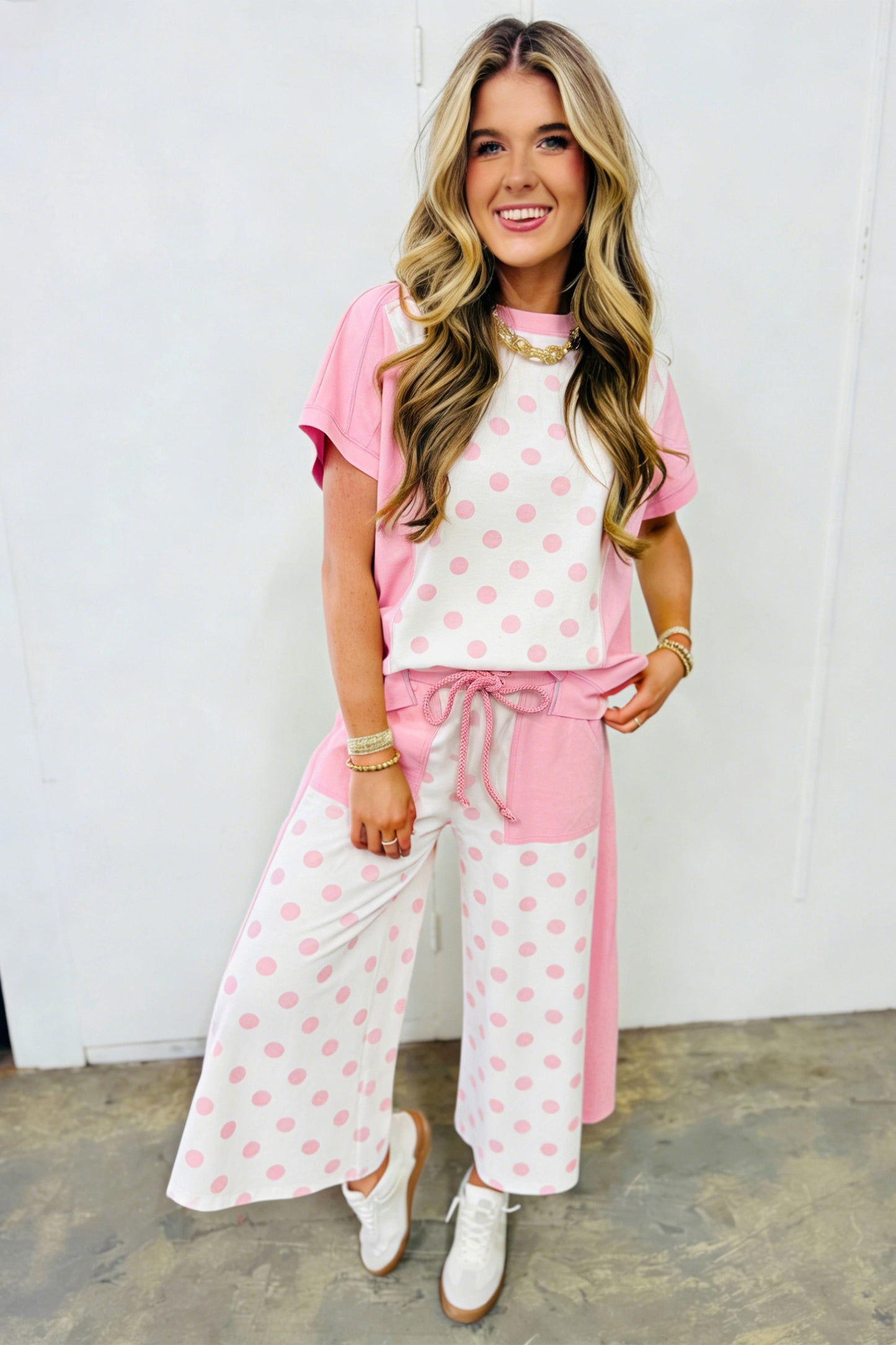 Color Block Patchwork Polka Dot Wide Leg Pant Set