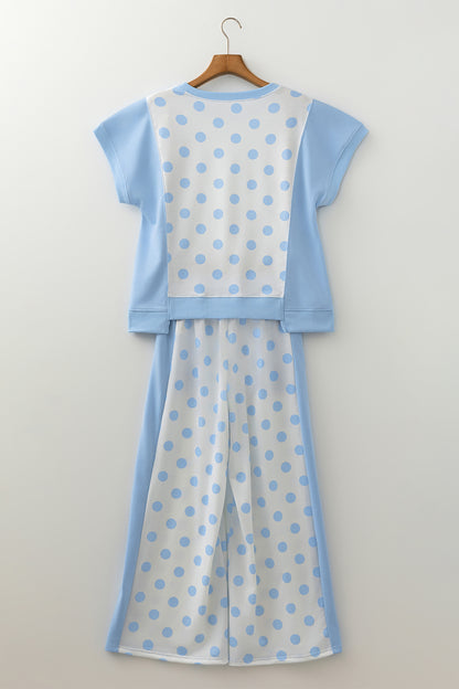 Color Block Patchwork Polka Dot Wide Leg Pant Set