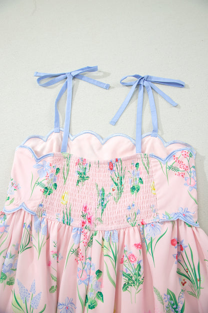 Floral Print Contrast Trim Self-tie Straps High Waist Midi Dress