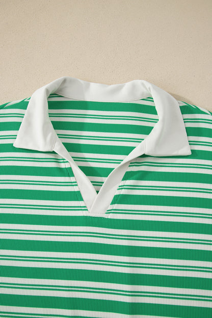 Stripe Collared V Neck Short Sleeve T Shirt Midi Dress with Pockets