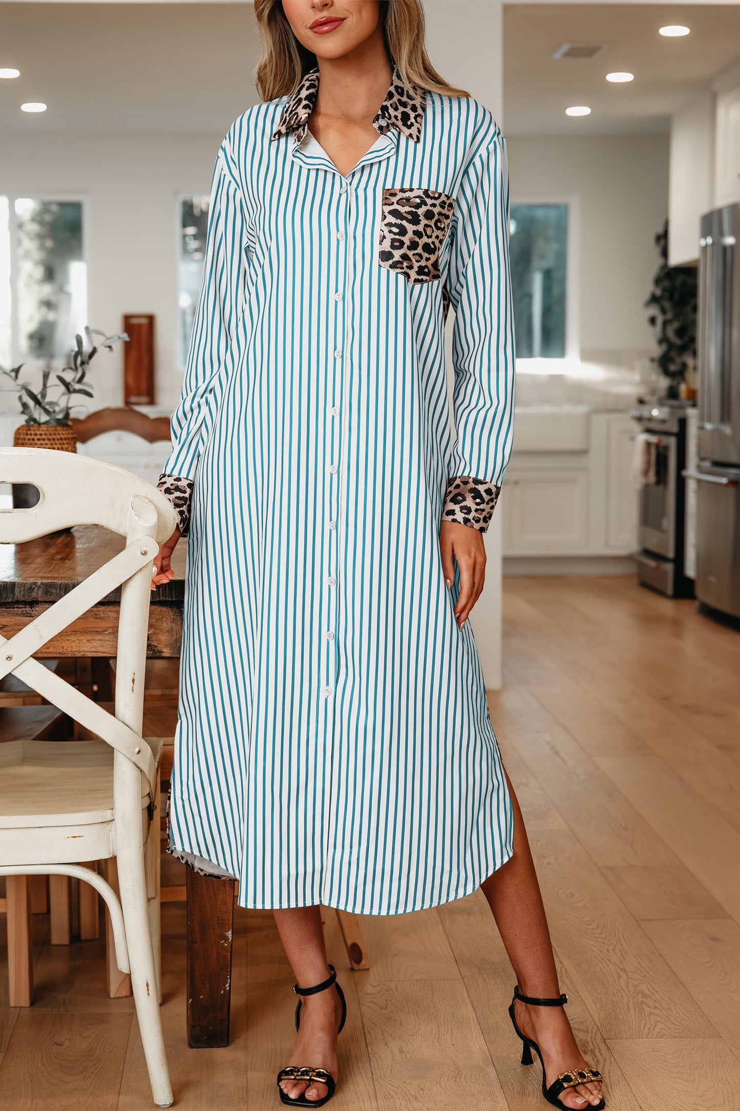 Brown Stripe Contrast Leopard Patchwork Long Shirt Dress with Slits