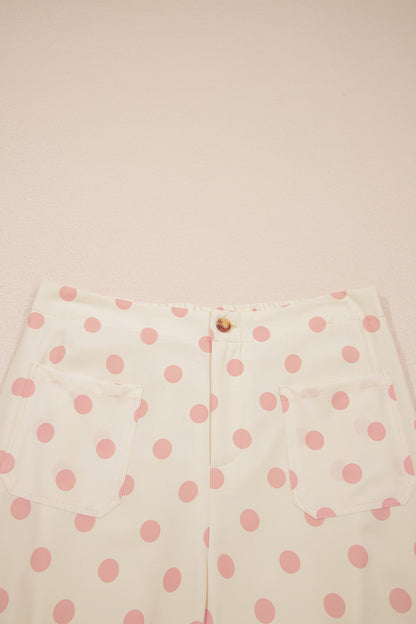 White Polka Dot Print Patched Pocket Loose Pants
