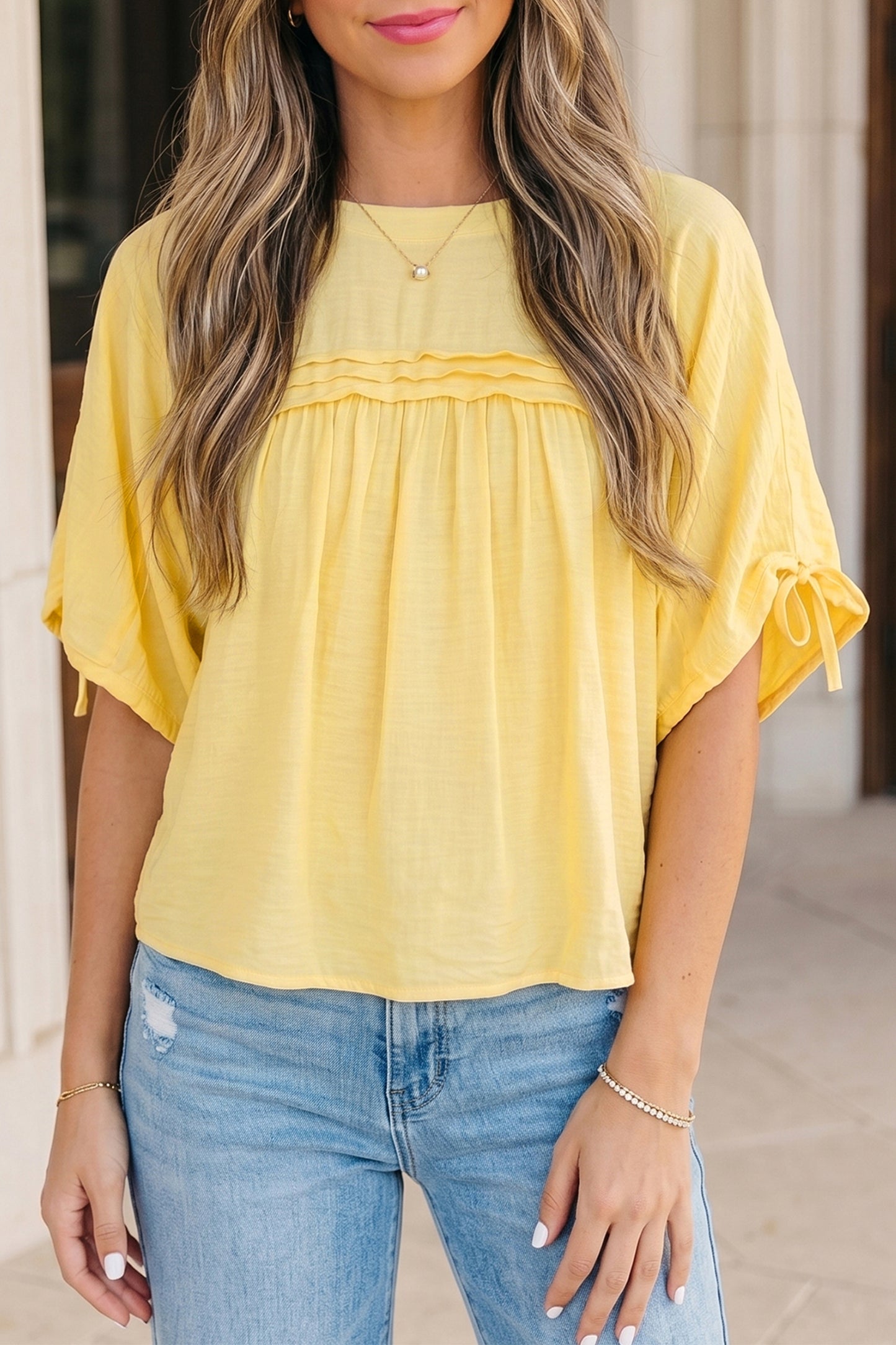 Tie Half Sleeve Pleated Detail Babydoll Blouse
