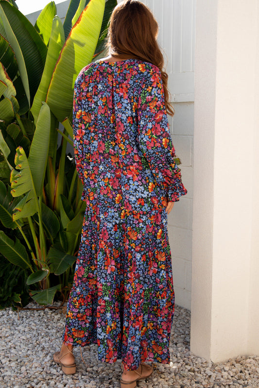 Blue Floral Print Tassel Tie V Neck Long Sleeve Flowy Long Dress