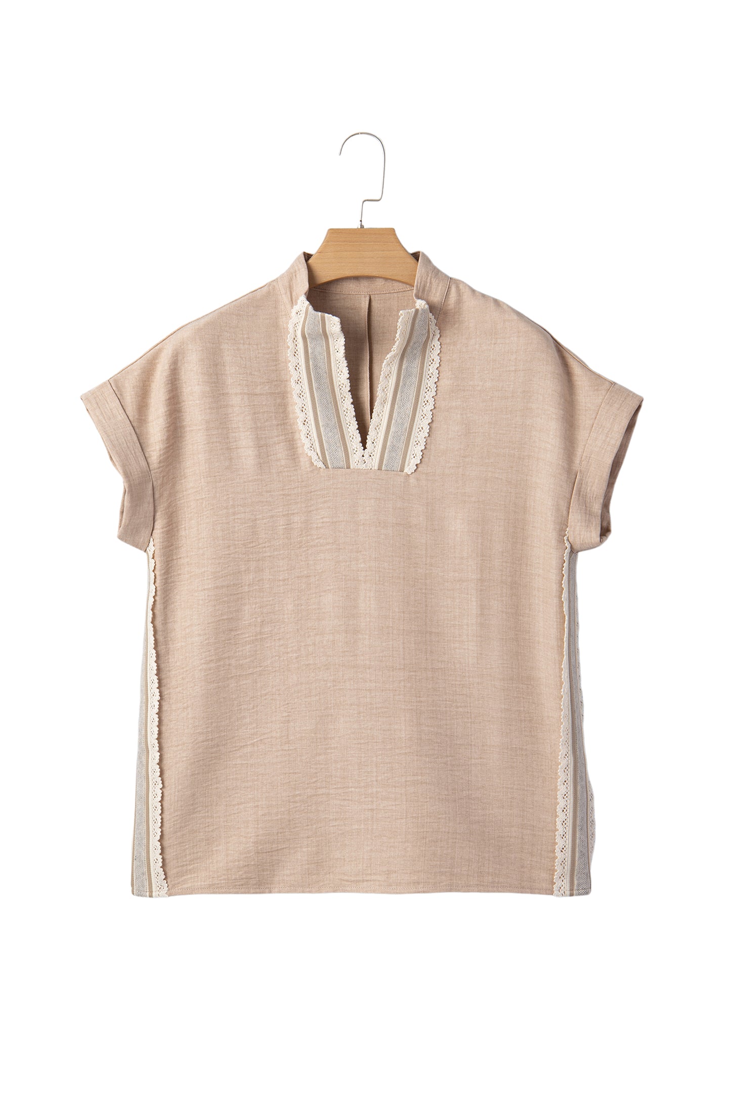 Crochet Lace Accent Pullover Rolled Short Sleeve Blouse