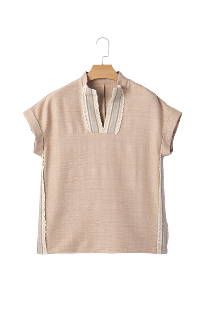 Crochet Lace Accent Pullover Rolled Short Sleeve Blouse