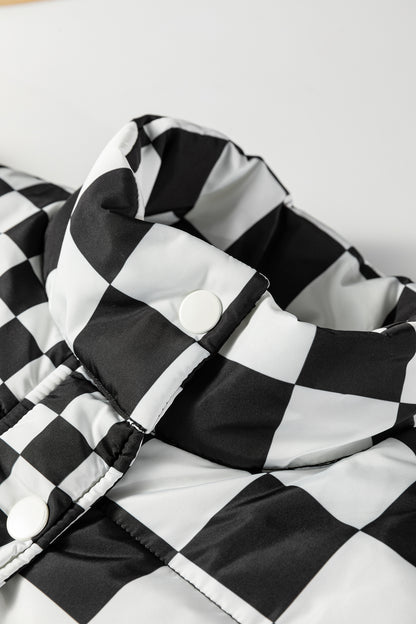 Brown Double Checked Stand Collar Cropped Puffer Vest