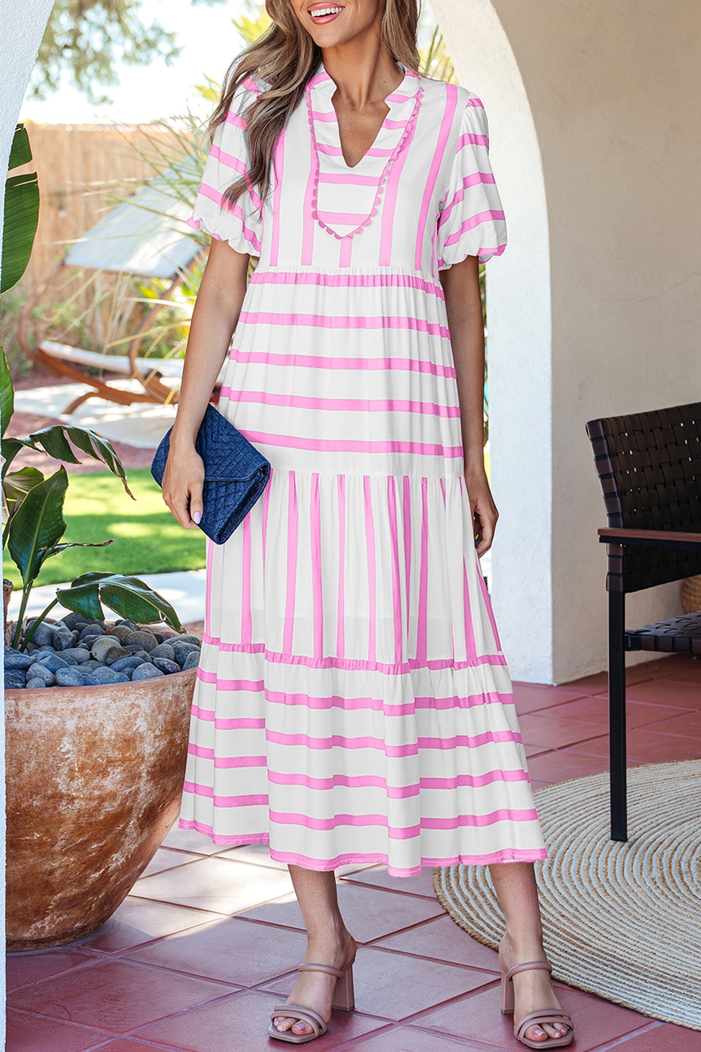 Stripe Ricrac Trim Notched Neck Half Sleeve Vacation Dress