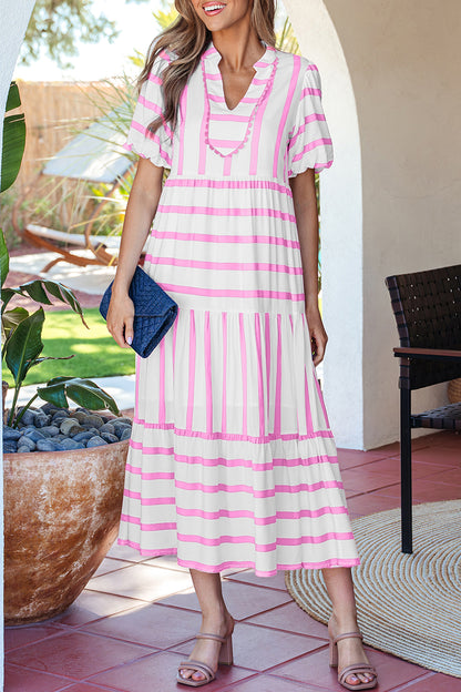 Stripe Ricrac Trim Notched Neck Half Sleeve Vacation Dress