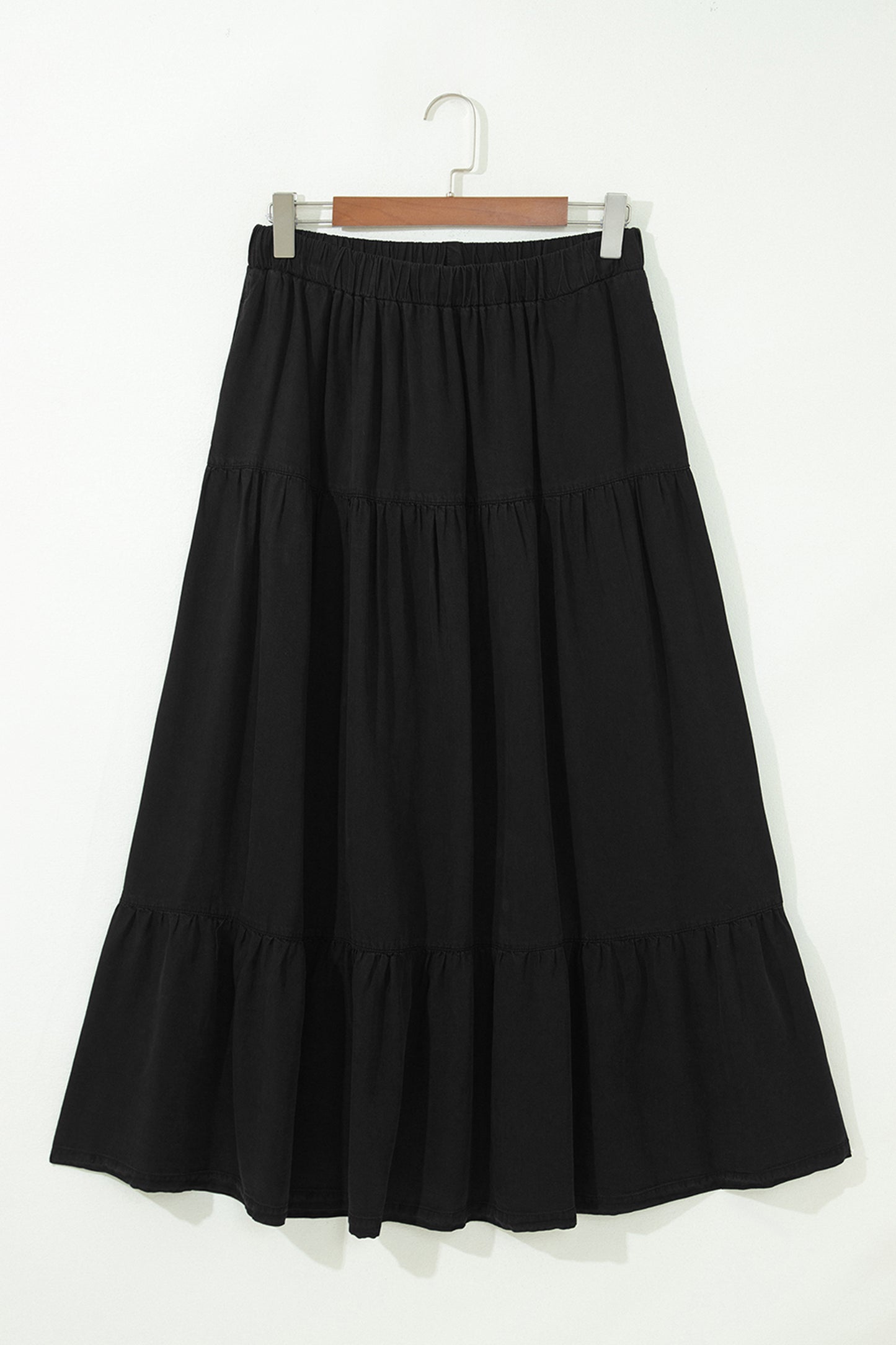 Elastic Waist Ruffled Tiered Flared Denim Maxi Skirt