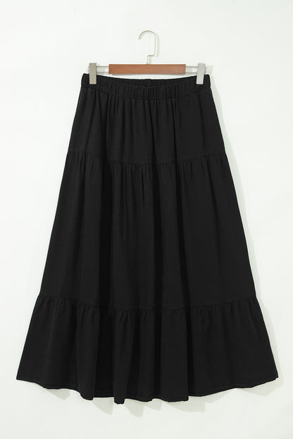 Elastic Waist Ruffled Tiered Flared Denim Maxi Skirt