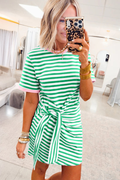 Stripe Nautical Tie Contrast Trim Round Neck T Shirt Mini Dress