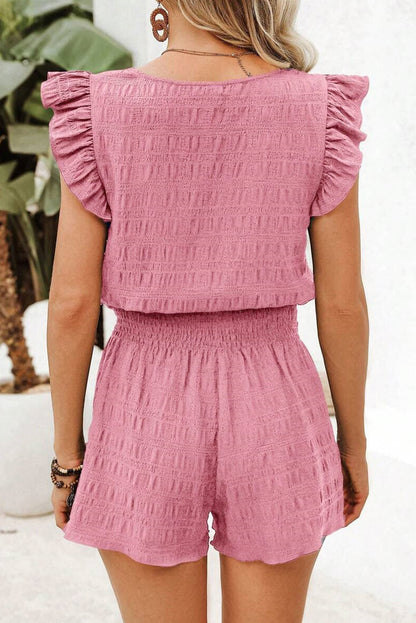 Textured Square Neck Top and Shirred High Waist Shorts Set
